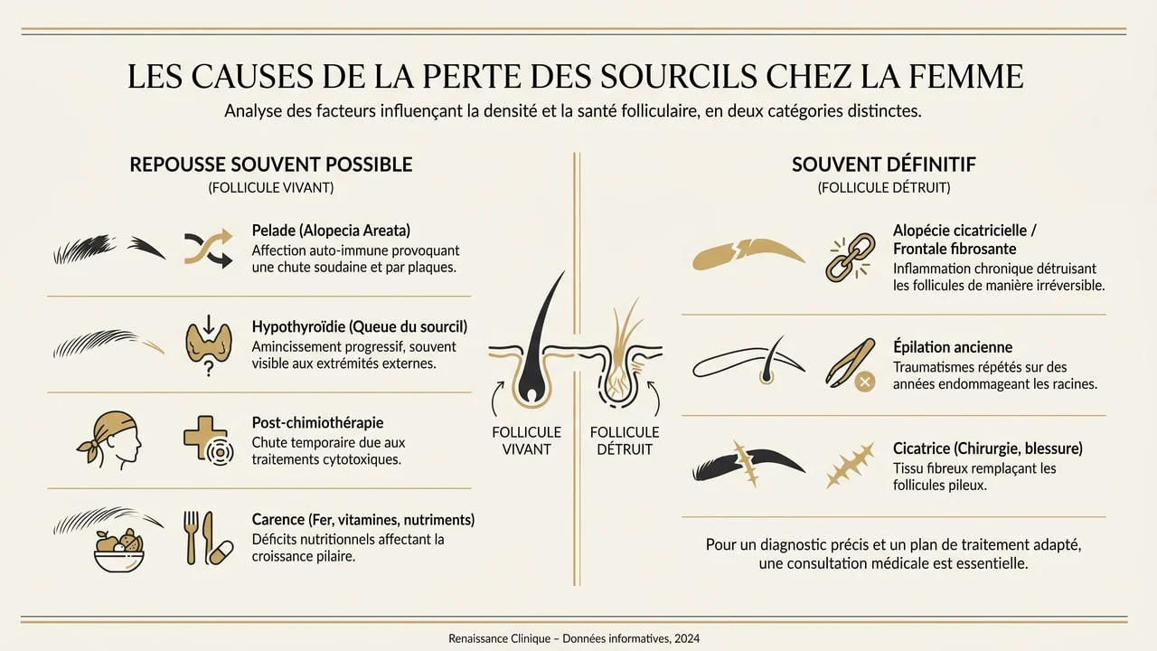 Infographie classant les causes de perte de sourcils chez la femme selon que le follicule est vivant (repousse possible) ou détruit (définitif).