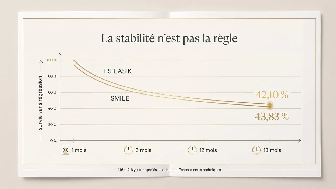 Infographie montrant la survie sans régression myopique après FS-LASIK et SMILE jusqu'à dix-huit mois