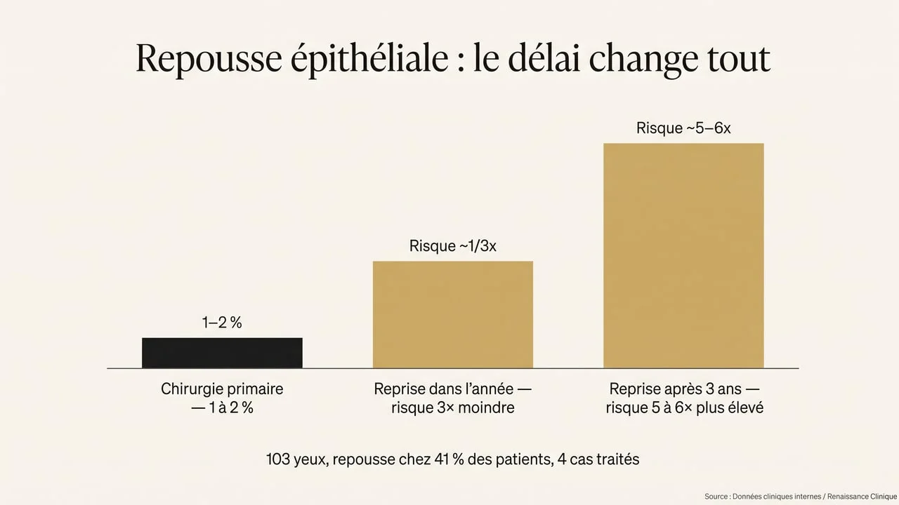 Graphique comparant le risque de repousse épithéliale après chirurgie primaire et après reprise selon le délai écoulé