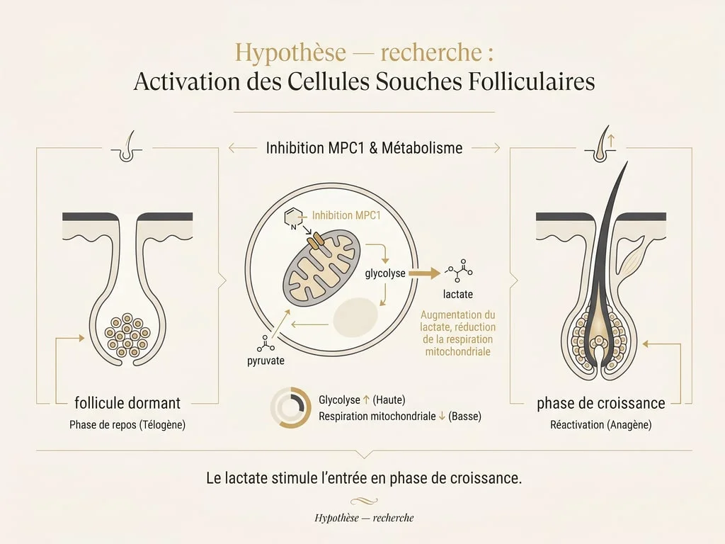 Schéma du mécanisme hypothétique du PP405 : inhibition du transporteur MPC1, production de lactate et réactivation supposée d'un follicule pileux dormant