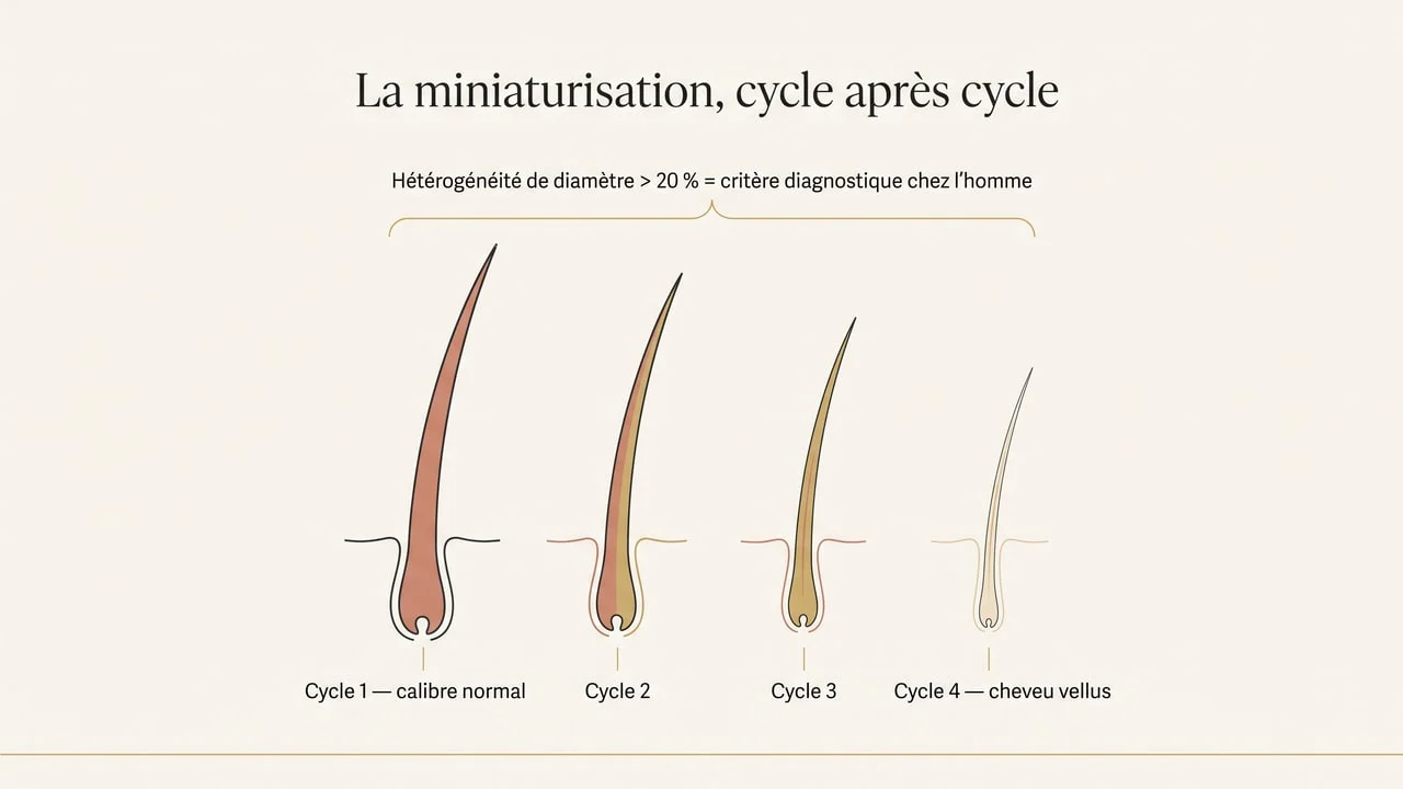 Schéma illustrant la miniaturisation du cheveu cycle après cycle, du calibre normal au cheveu vellus, avec le seuil d'hétérogénéité de diamètre de 20 % retenu comme critère diagnostique chez l'homme