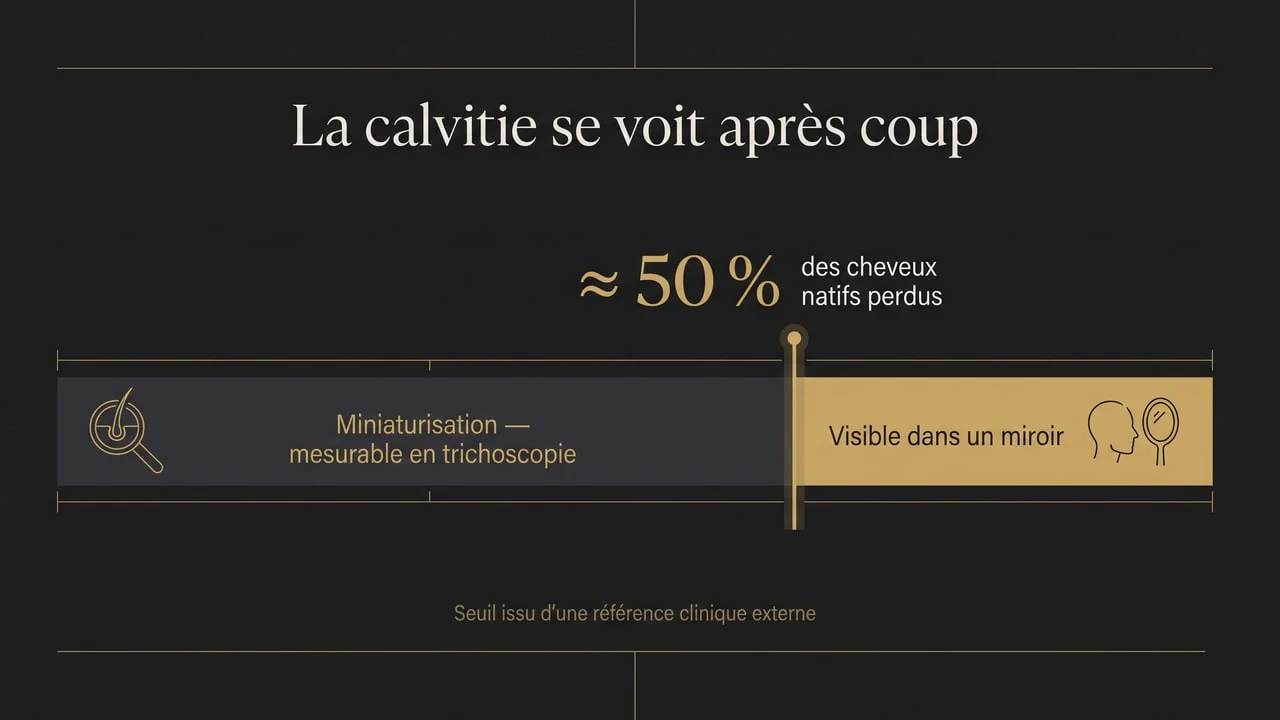 Infographie montrant que la calvitie devient visible dans un miroir seulement après la perte d'environ 50 % des cheveux natifs, la phase antérieure de miniaturisation n'étant détectable qu'en trichoscopie