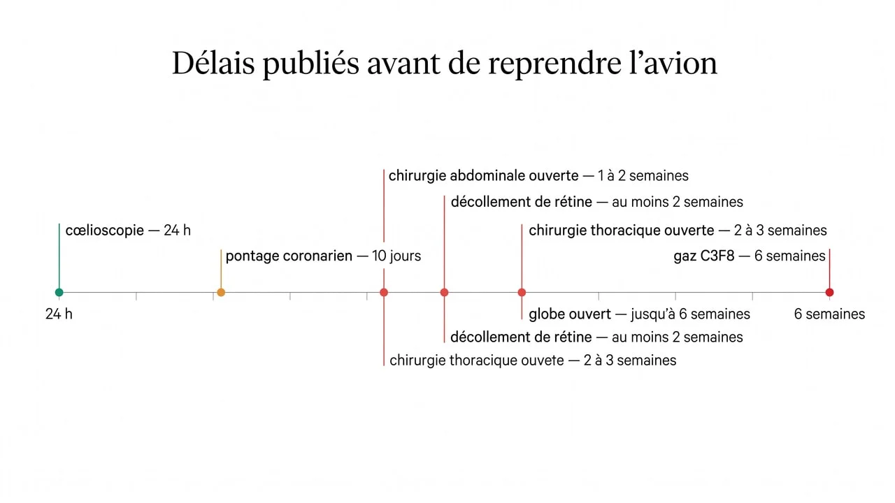 Frise des délais publiés avant de reprendre l'avion selon l'intervention, de 24 heures après une cœlioscopie à six semaines après une chirurgie à globe ouvert