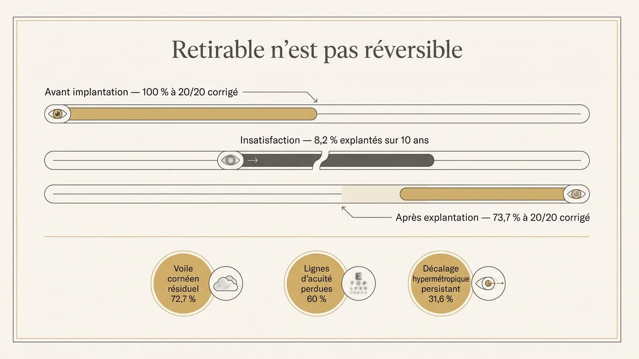 Schéma montrant qu'un inlay cornéen retiré ne rend pas l'œil à son état antérieur : voile cornéen résiduel, lignes d'acuité perdues et décalage hypermétropique persistant