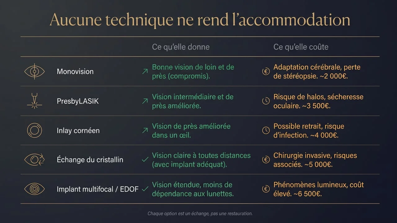 Infographie comparant les cinq techniques de correction chirurgicale de la presbytie avec, pour chacune, ce qu'elle apporte et ce qu'elle coûte en qualité visuelle