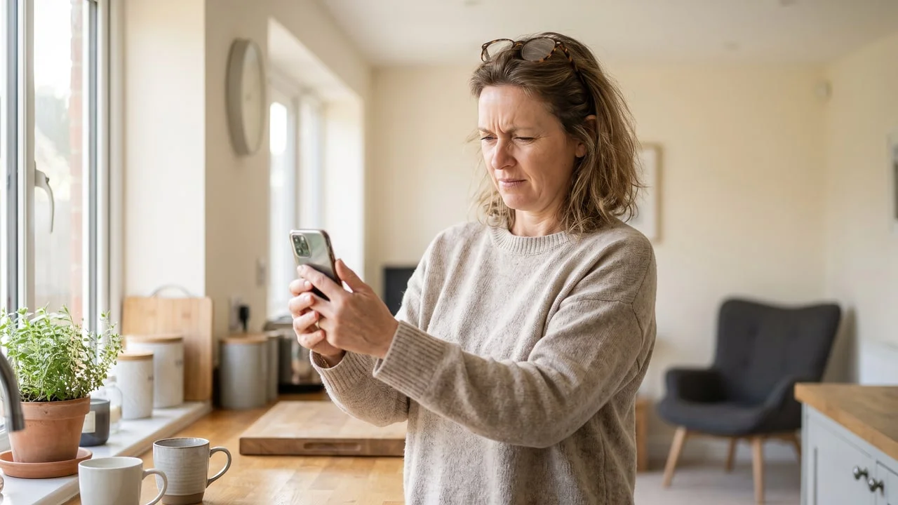 Femme d'une quarantaine d'années éloignant son téléphone pour lire, scène typique de la presbytie débutante
