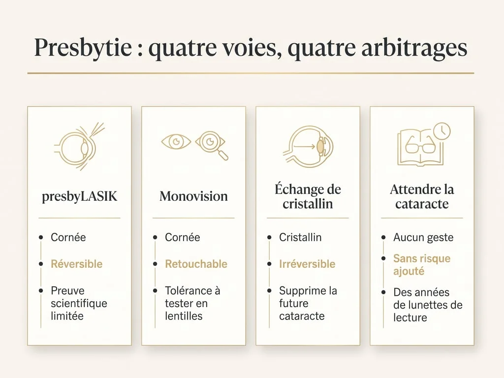 Infographie comparant les quatre options face à la presbytie : presbyLASIK, monovision, échange de cristallin et attente de la cataracte