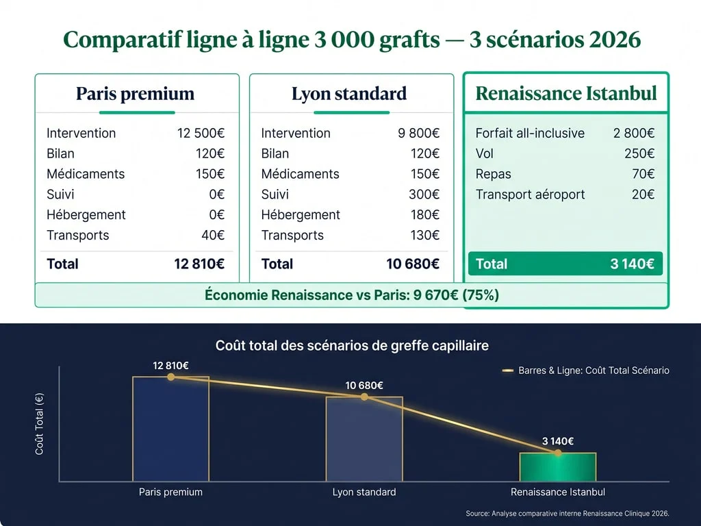 Tableau comparatif détaillé ligne à ligne 3 scénarios : Paris premium 12 810 €, Lyon standard 10 680 €, Renaissance Istanbul 3 140 € tout compris