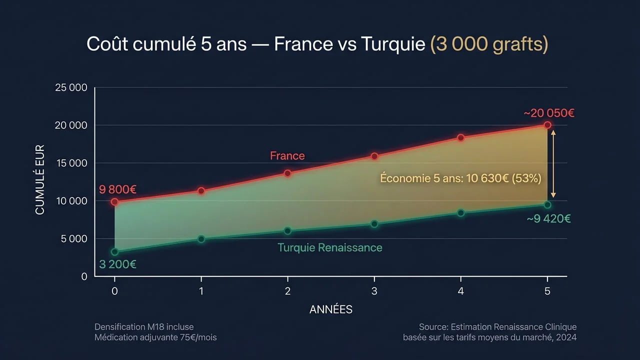 Graphique cumul 5 ans — coût total greffe France 20 050 € vs Turquie Renaissance 9 420 €, économie 10 630 € (53 %) incluant médication et densification M18