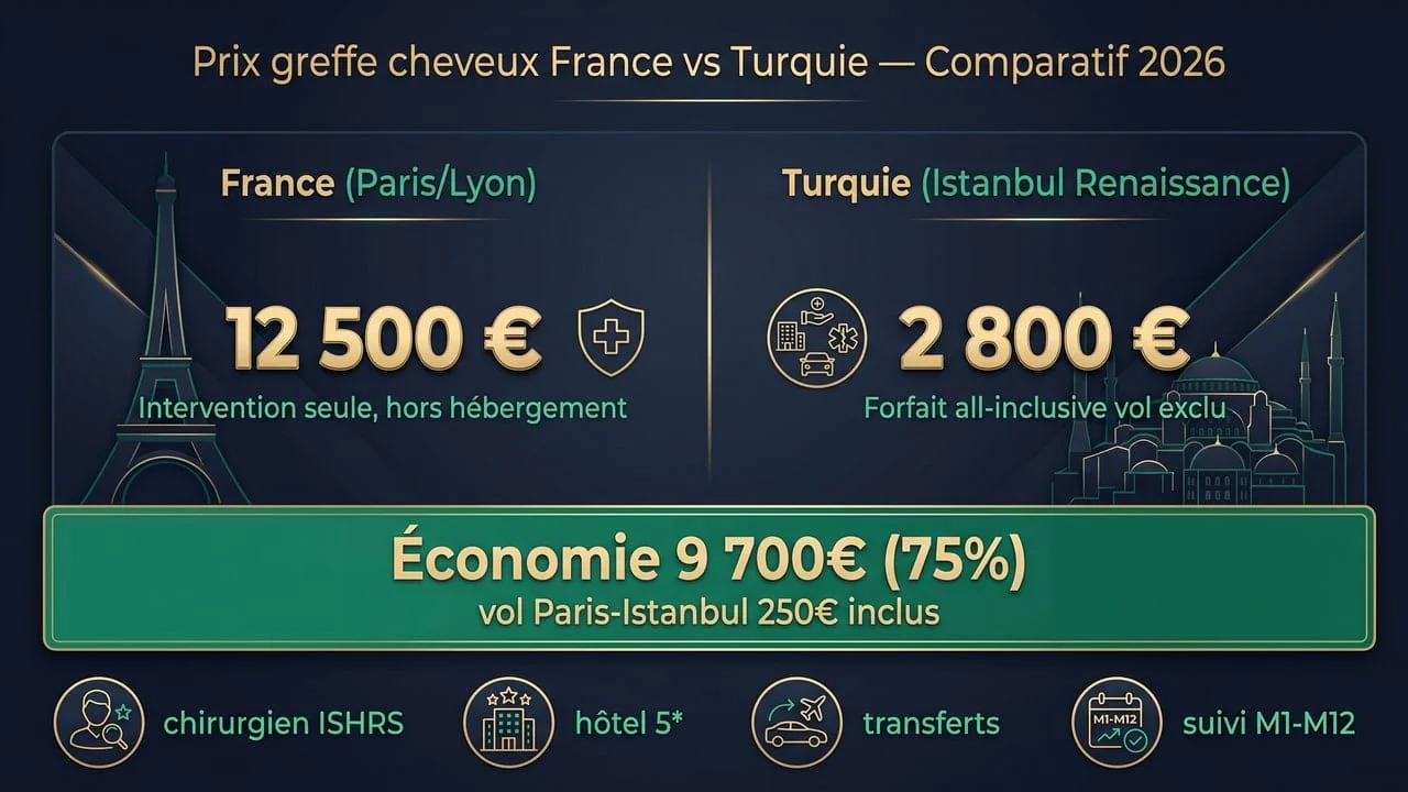 Comparatif prix greffe de cheveux France 12 500 € versus Turquie Renaissance Istanbul 2 800 € en 2026 — économie 9 700 € à qualité ISHRS équivalente