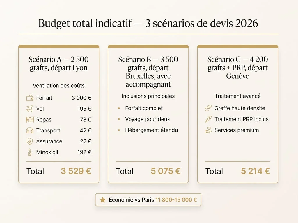 Budget total indicatif pour trois scénarios de devis Renaissance Clinique Istanbul — 3 529 €, 5 075 € et 5 214 € incluant traitements adjuvants