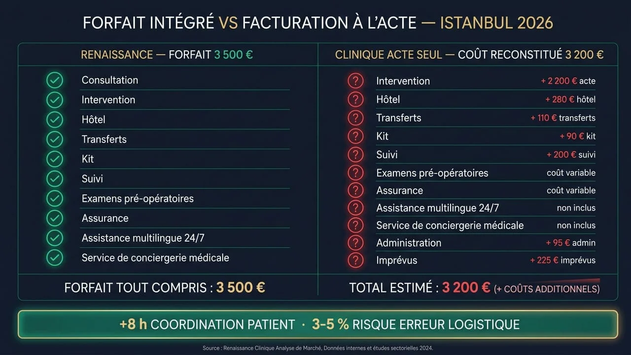 Comparaison du forfait Renaissance Clinique avec une clinique facturant à l'acte — total 3 500 € vs 3 200 € reconstitués plus 8 heures de coordination patient