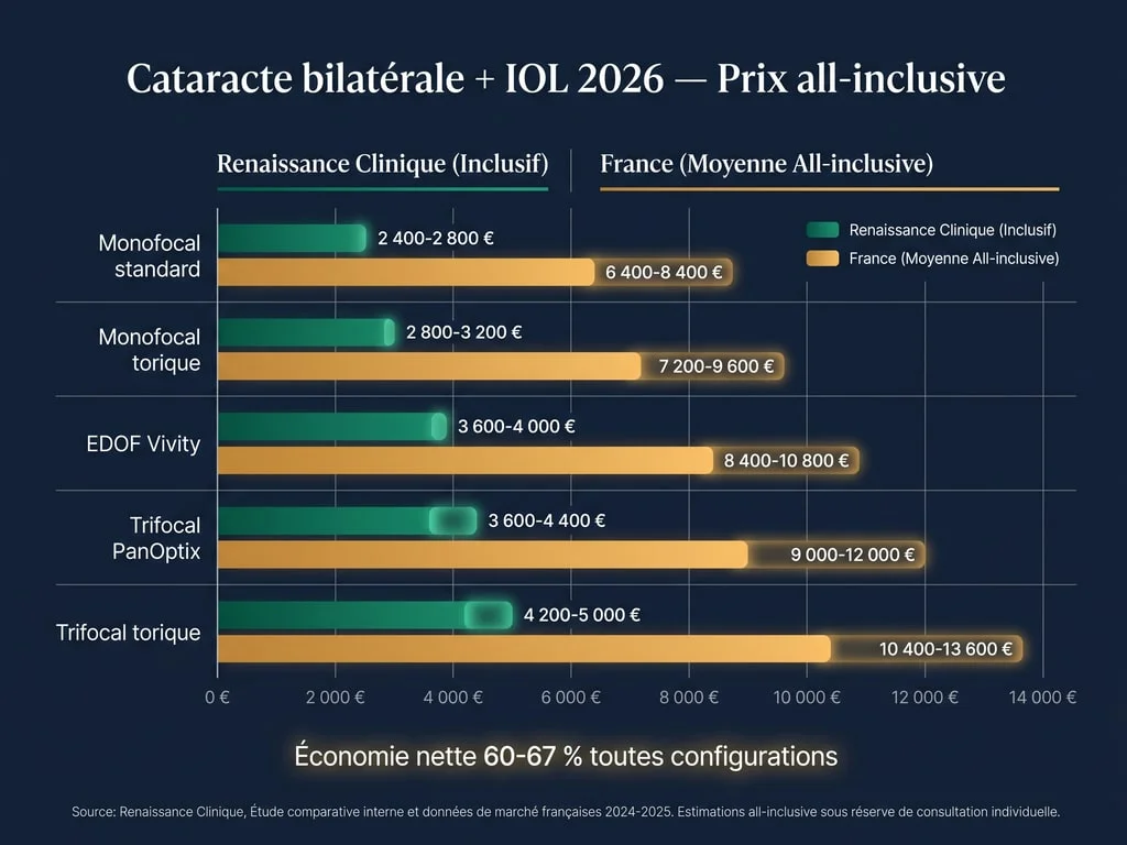Infographie comparative des prix de la chirurgie de cataracte bilatérale Renaissance Istanbul vs France