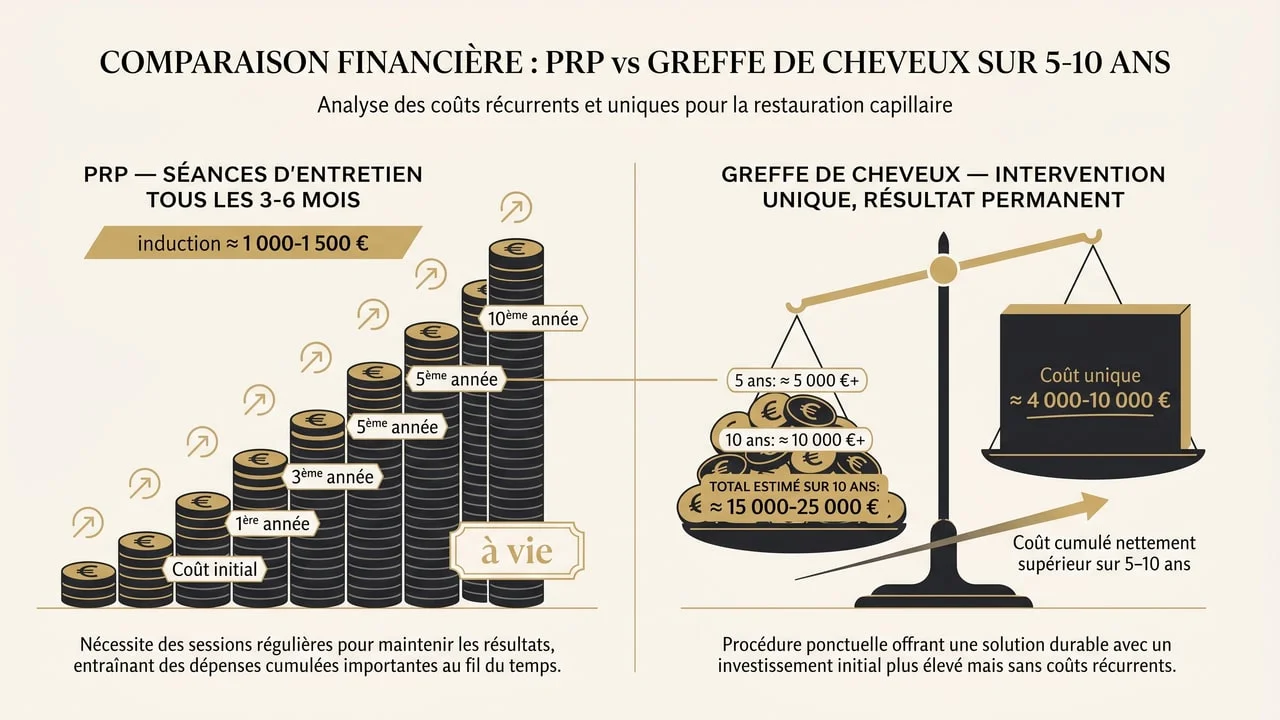 Infographie du coût cumulé du PRP (séances d'entretien à vie) comparé au coût unique d'une greffe de cheveux