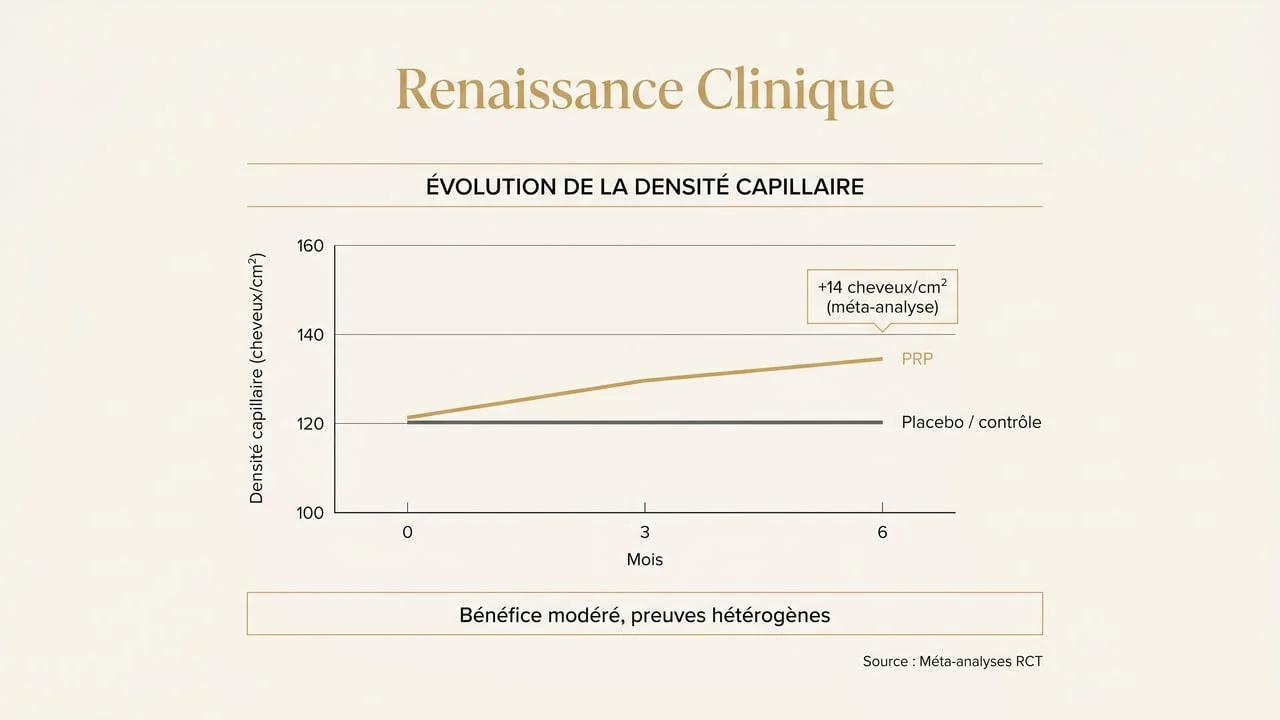 Graphique de l'efficacité du PRP sur la densité capillaire comparé au placebo (d'après méta-analyses)