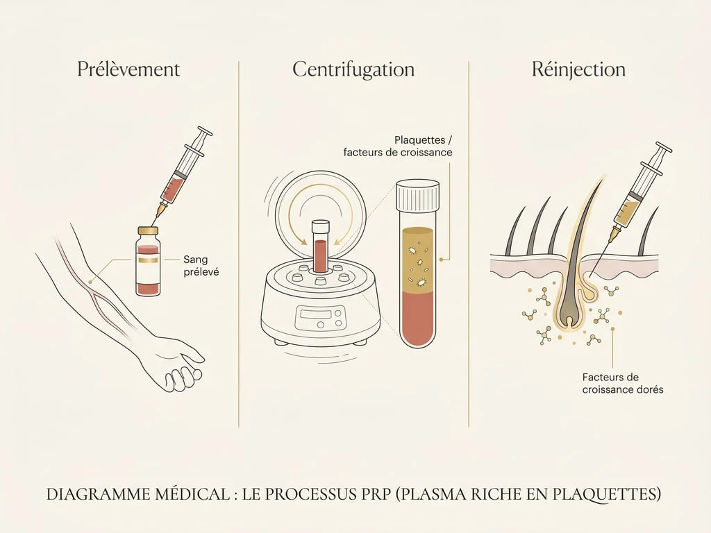 Schéma du mécanisme du PRP cheveux : prélèvement, centrifugation et réinjection des facteurs de croissance dans le cuir chevelu