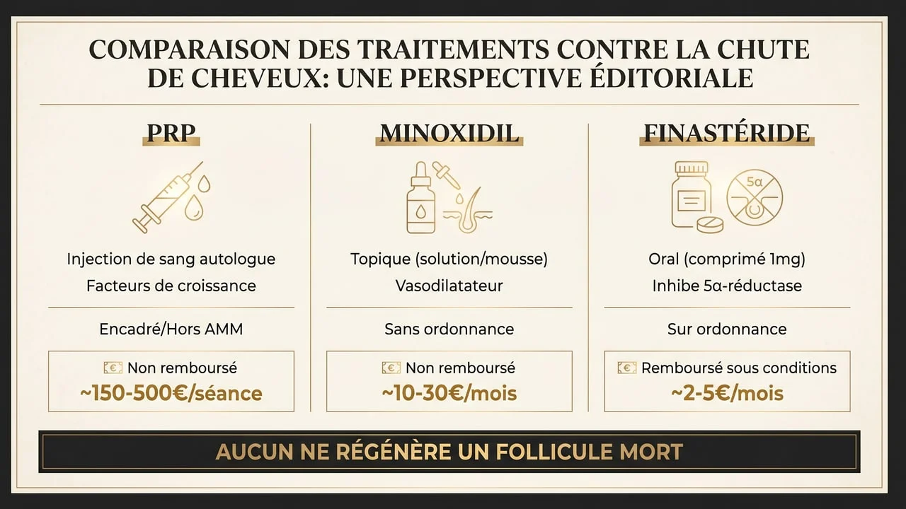 Comparaison infographique du PRP, du minoxidil et du finastéride dans l'alopécie androgénétique