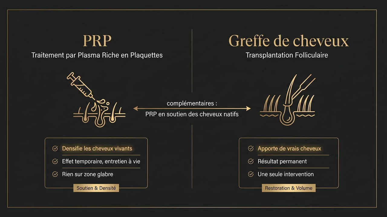 Infographie de la complémentarité entre le PRP (soutien des cheveux natifs) et la greffe de cheveux (restauration permanente)