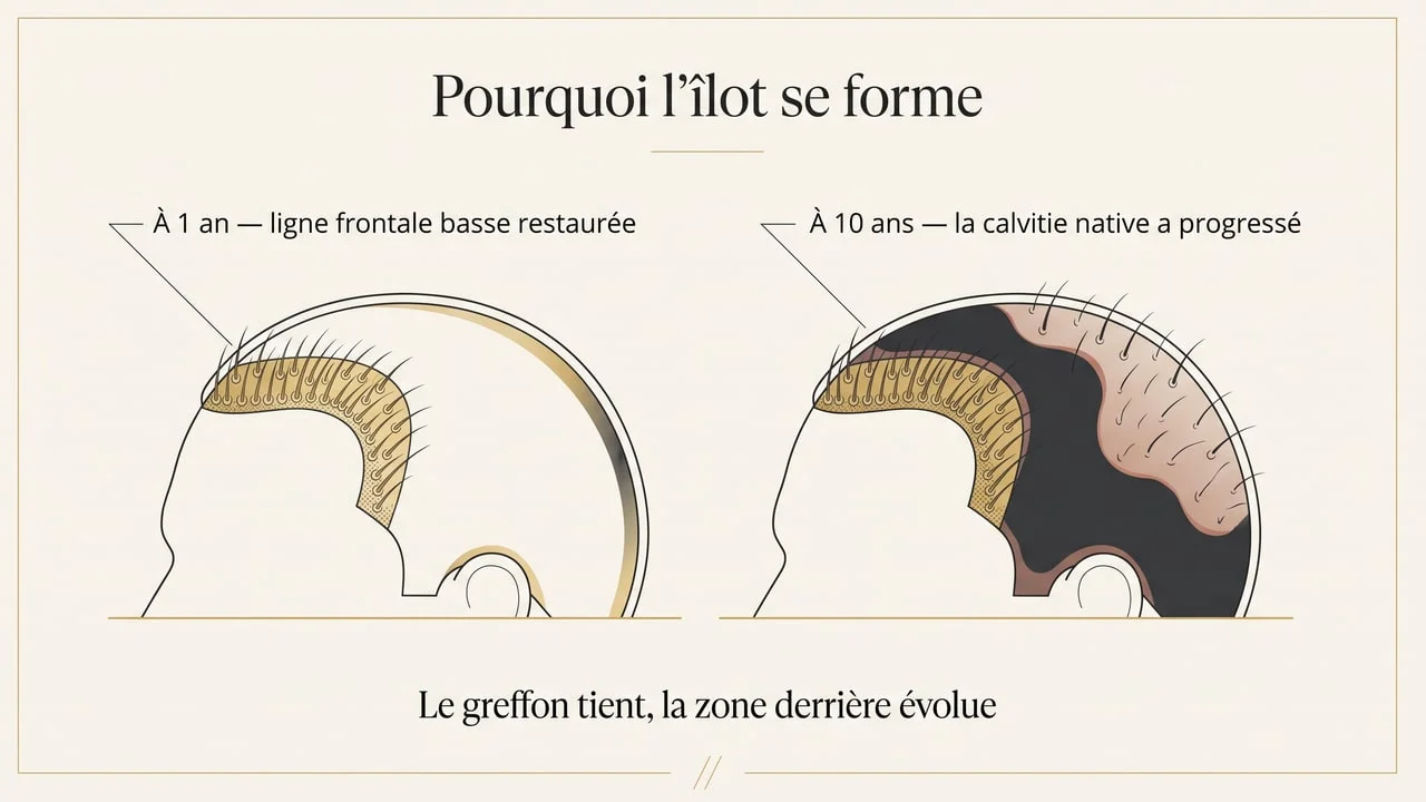 Schéma comparant une ligne frontale restaurée à un an et la même zone à dix ans, où la bande greffée reste dense tandis que la calvitie native a progressé derrière elle, formant un îlot isolé