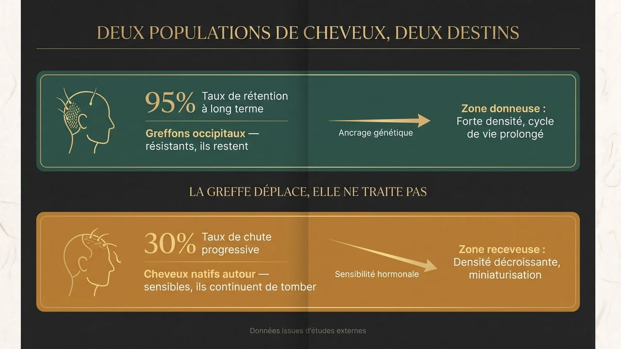 Infographie opposant les greffons occipitaux, résistants aux androgènes et durables, aux cheveux natifs environnants qui restent sensibles et continuent de tomber après une greffe