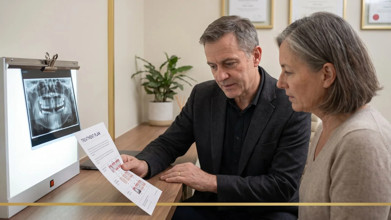 Patient et praticien examinant ensemble un plan de traitement dentaire complet avec radiographie panoramique