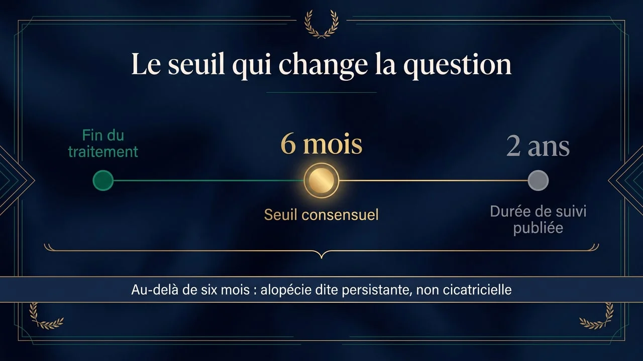 Infographie situant sur une frise le seuil de six mois après la fin d'une chimiothérapie, au-delà duquel une alopécie non cicatricielle est qualifiée de persistante selon le consensus international