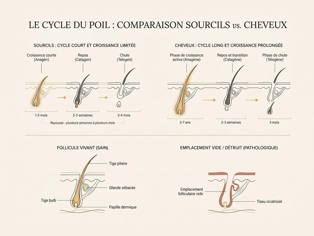 Schéma du cycle de pousse du sourcil et du délai de repousse, avec follicule vivant et follicule détruit