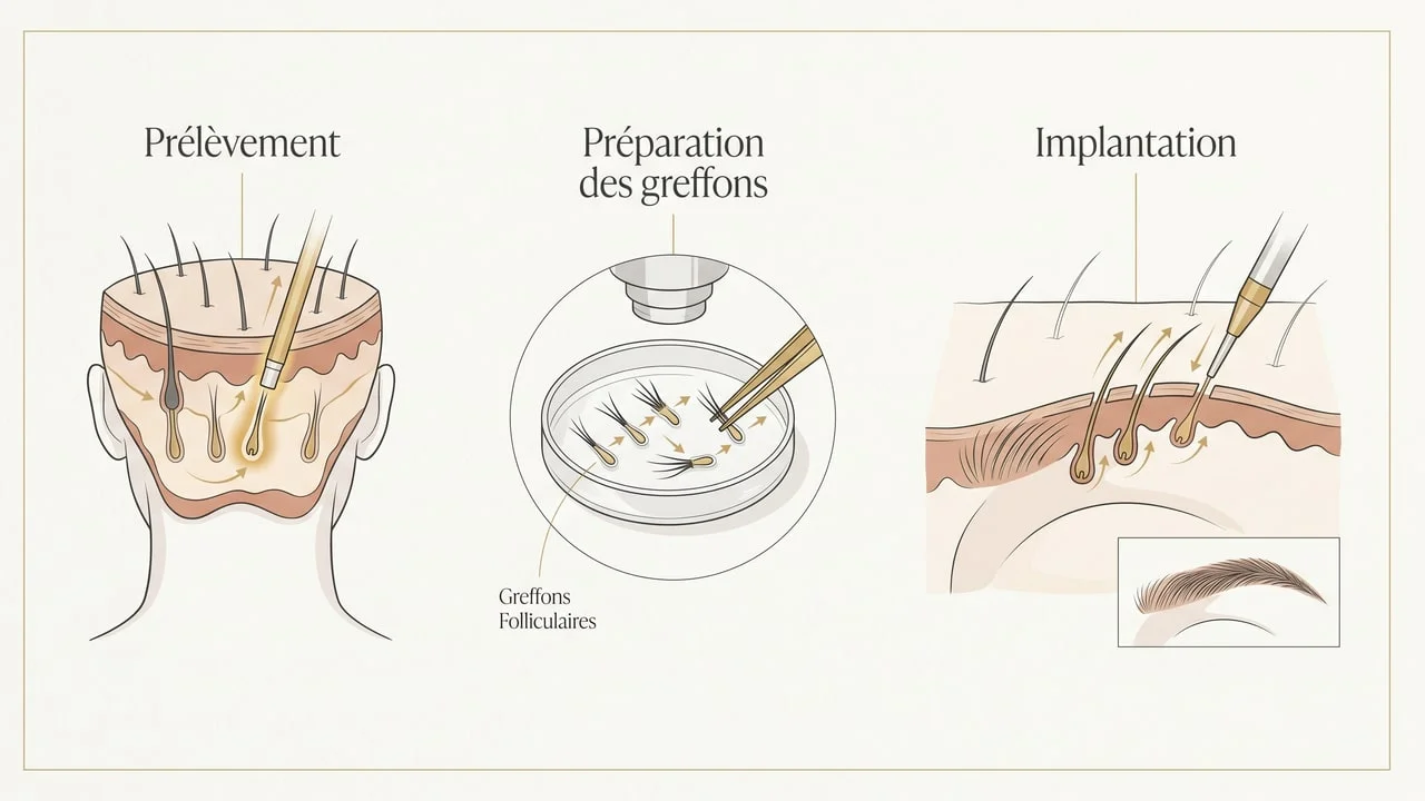 Schéma du principe de la greffe de sourcils : prélèvement, préparation des greffons et implantation