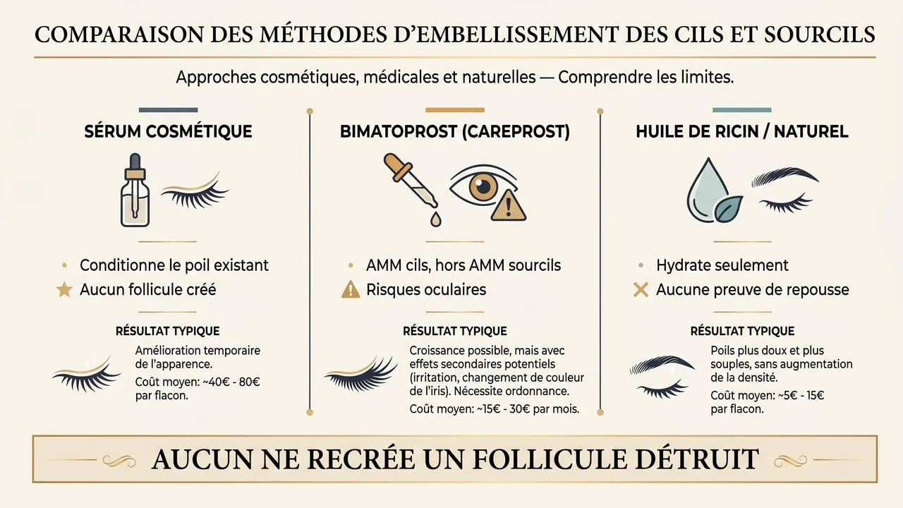 Infographie comparant les sérums cosmétiques, le bimatoprost et l’huile de ricin pour les sourcils
