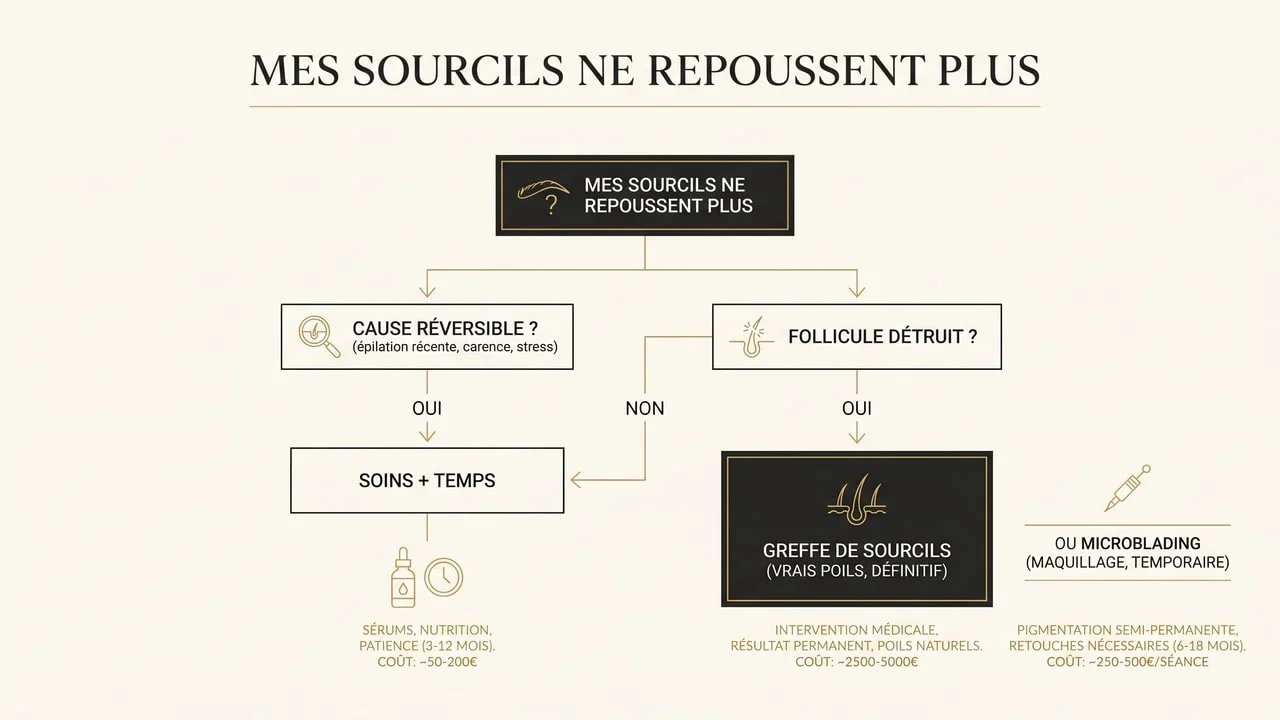 Arbre de décision pour la repousse des sourcils : soins, greffe ou microblading selon la cause
