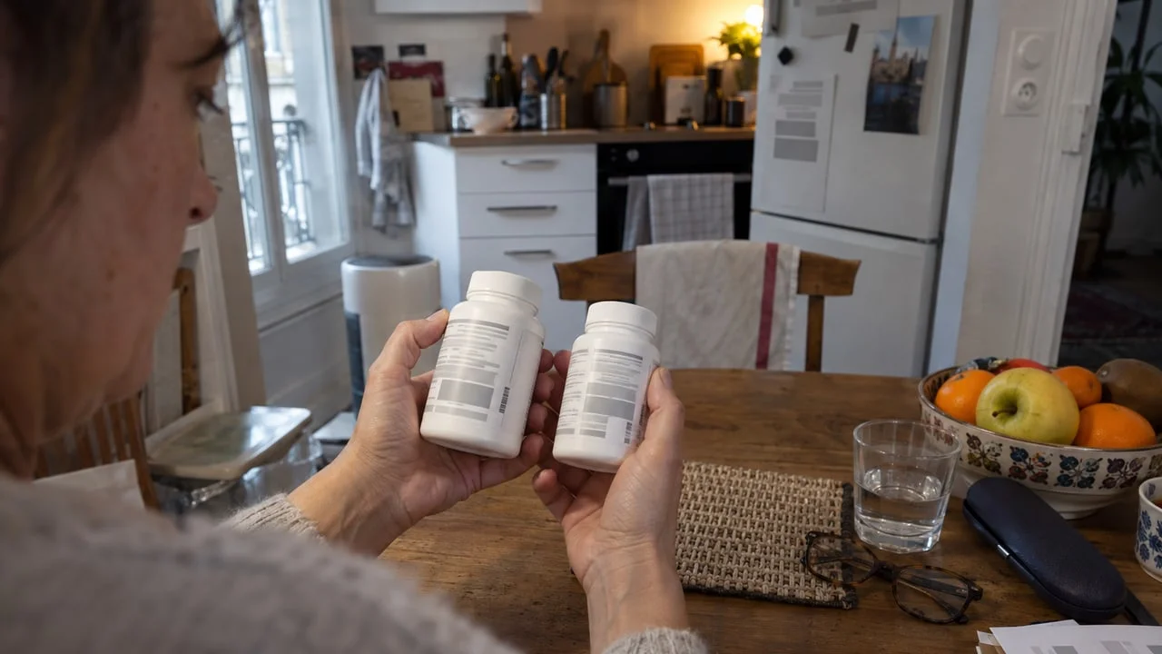 Deux mains comparent le dos de deux flacons de complément alimentaire sans marque au-dessus d’une table de cuisine