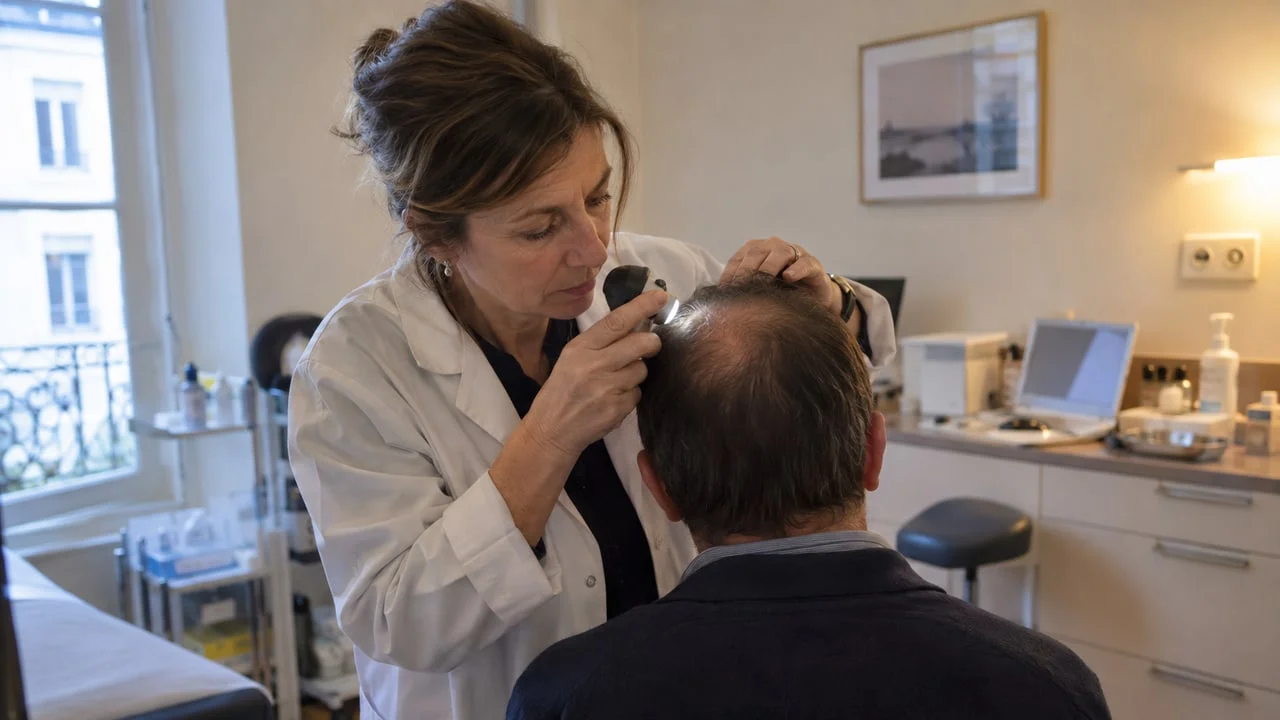 Une dermatologue examine au dermatoscope le sommet du crâne d’un patient vu de dos dans un cabinet médical
