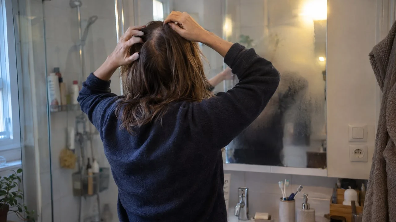 Une femme vue de dos écarte ses cheveux devant le miroir de sa salle de bains pour observer sa raie