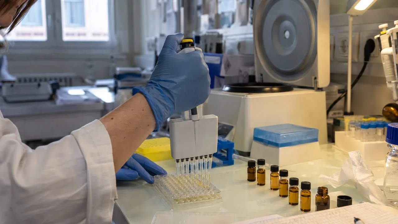 Main gantée tenant une pipette au-dessus d’une plaque de laboratoire, flacons d’extrait végétal ambré à côté