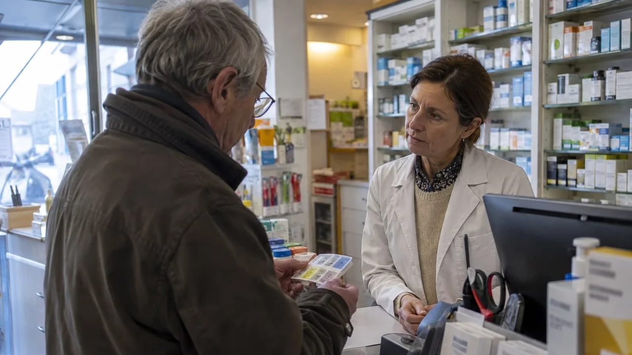 Un pharmacien échange au comptoir avec un homme d’une soixantaine d’années qui tient un pilulier