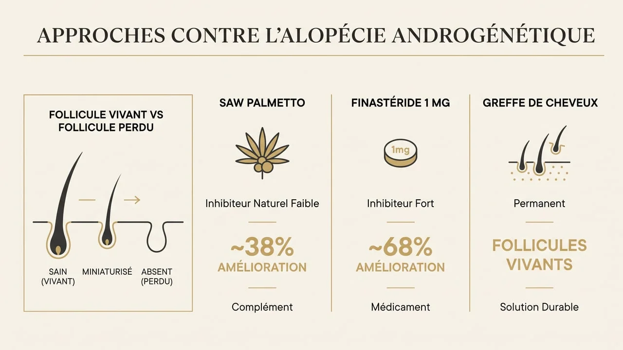 Infographie comparant saw palmetto, finastéride et greffe de cheveux selon l'efficacité, le statut et l'état du follicule.