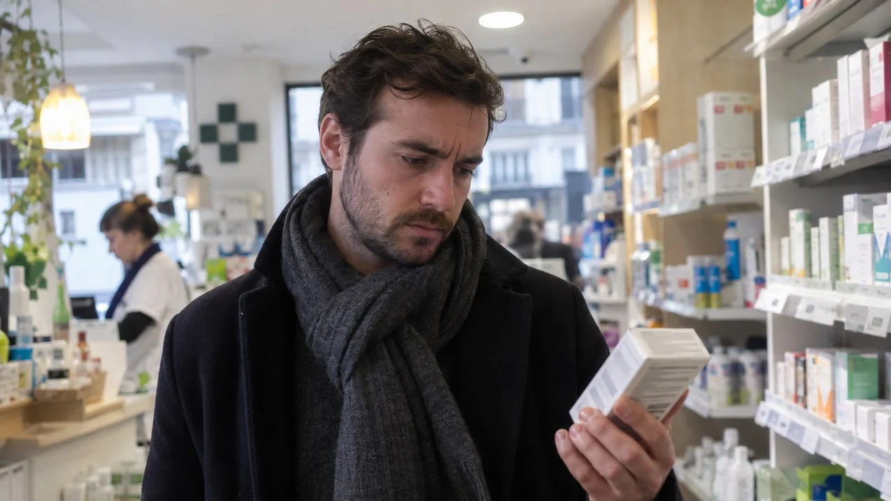 Un homme d’une trentaine d’années lit le dos d’une boîte de complément alimentaire dans une pharmacie de quartier