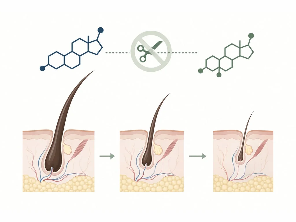 Schéma de la miniaturisation d’un follicule pileux sous l’effet de la DHT produite par la 5-alpha-réductase