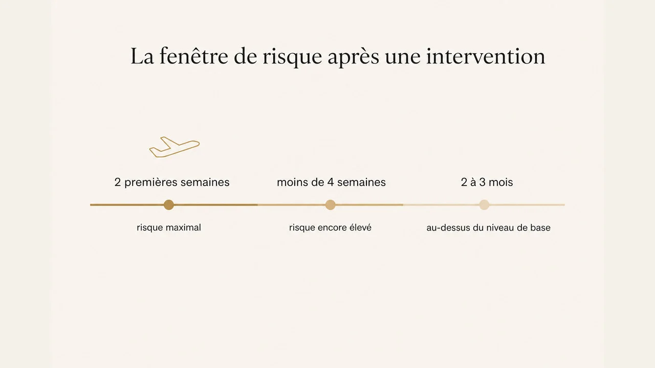 Chronologie du risque thromboembolique après une intervention chirurgicale : risque maximal les deux premières semaines, encore élevé à moins de quatre semaines, et supérieur au niveau de base pendant deux à trois mois