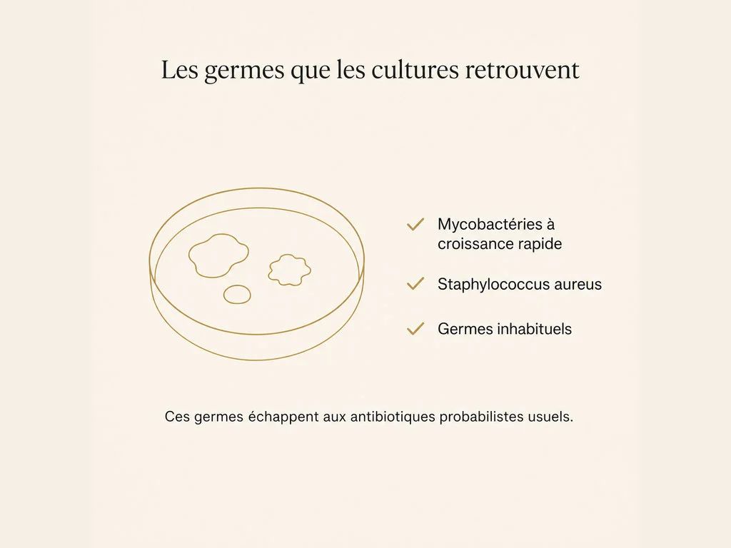 Infographie des micro-organismes retrouvés dans les cultures après une chirurgie à l'étranger, dominées par les mycobactéries à croissance rapide, qui échappent aux antibiotiques prescrits de façon probabiliste