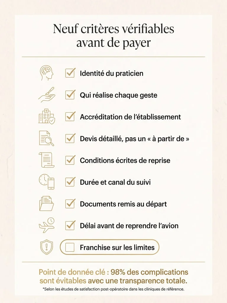 Checklist des neuf critères vérifiables avant de s'engager avec une clinique à l'étranger, de l'identité du praticien aux conditions écrites de reprise et à la durée du suivi post-opératoire