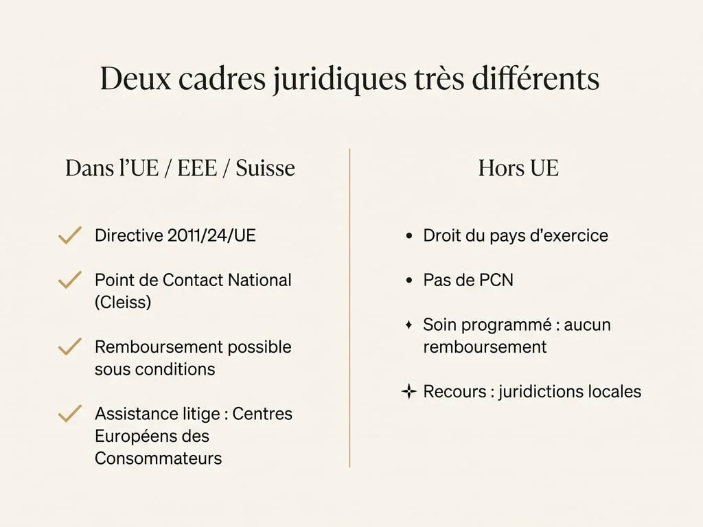 Diagramme comparant le cadre juridique applicable à une opération dans l'Union européenne, encadrée par la directive 2011/24/UE et le point de contact national, et hors Union européenne, où s'applique le droit du pays d'exercice