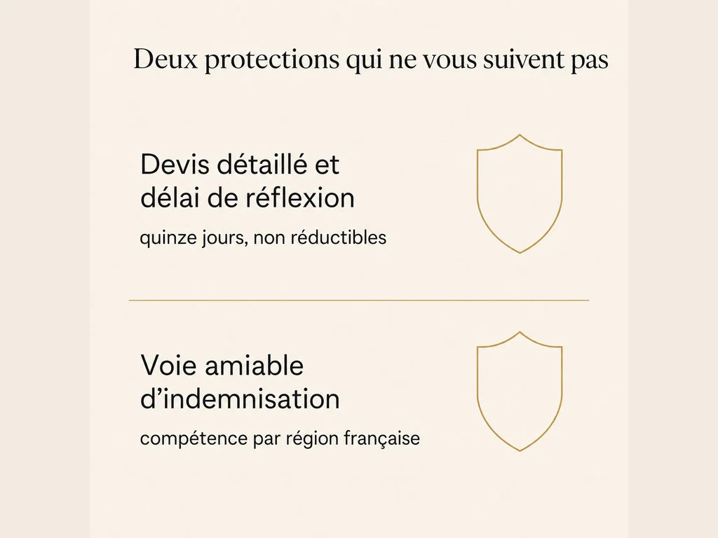 Infographie des deux protections françaises qui ne s'appliquent pas à une opération réalisée à l'étranger : le devis détaillé assorti d'un délai de réflexion de quinze jours, et la voie amiable d'indemnisation organisée par région française