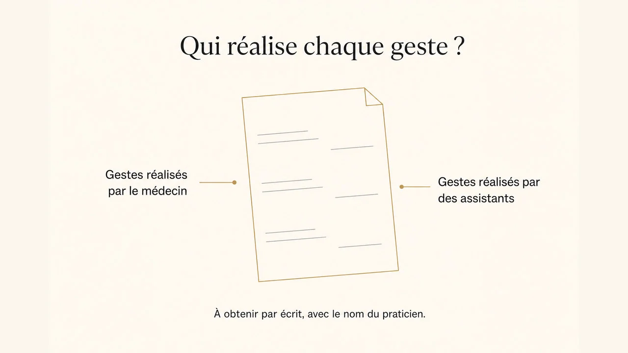 Infographie illustrant la nécessité d'obtenir par écrit la répartition exacte des gestes entre le médecin et les assistants, avec le nom du praticien qui réalisera l'intervention