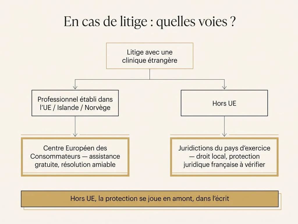 Diagramme des voies de recours en cas de litige avec une clinique étrangère : assistance gratuite du Centre Européen des Consommateurs dans l'Union européenne, juridictions locales hors Union européenne