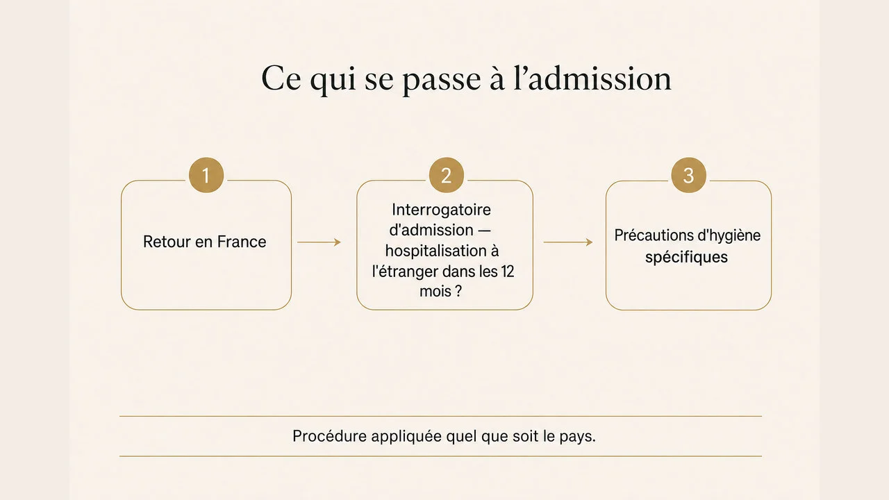 Diagramme du parcours d'un patient rentrant en France avec une complication : recherche systématique à l'admission d'une hospitalisation à l'étranger dans les douze mois, puis précautions d'hygiène spécifiques