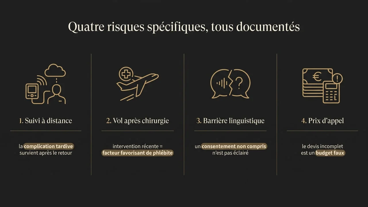 Infographie présentant les quatre risques spécifiques d'une chirurgie à l'étranger : suivi post-opératoire à distance, vol après l'intervention, barrière linguistique et consentement, et écart entre prix d'appel et budget réel