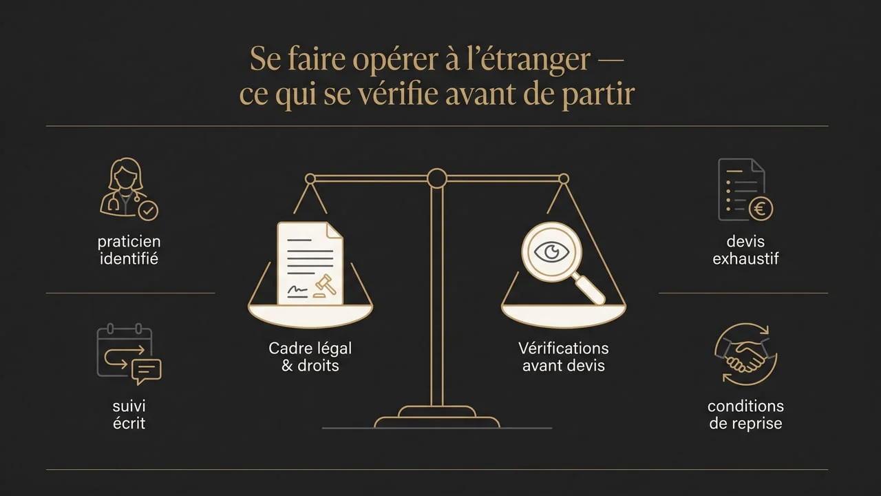 Infographie éditoriale illustrant les deux plateaux d'une décision d'opération à l'étranger : le cadre légal et les droits du patient d'un côté, les vérifications à mener avant tout devis de l'autre