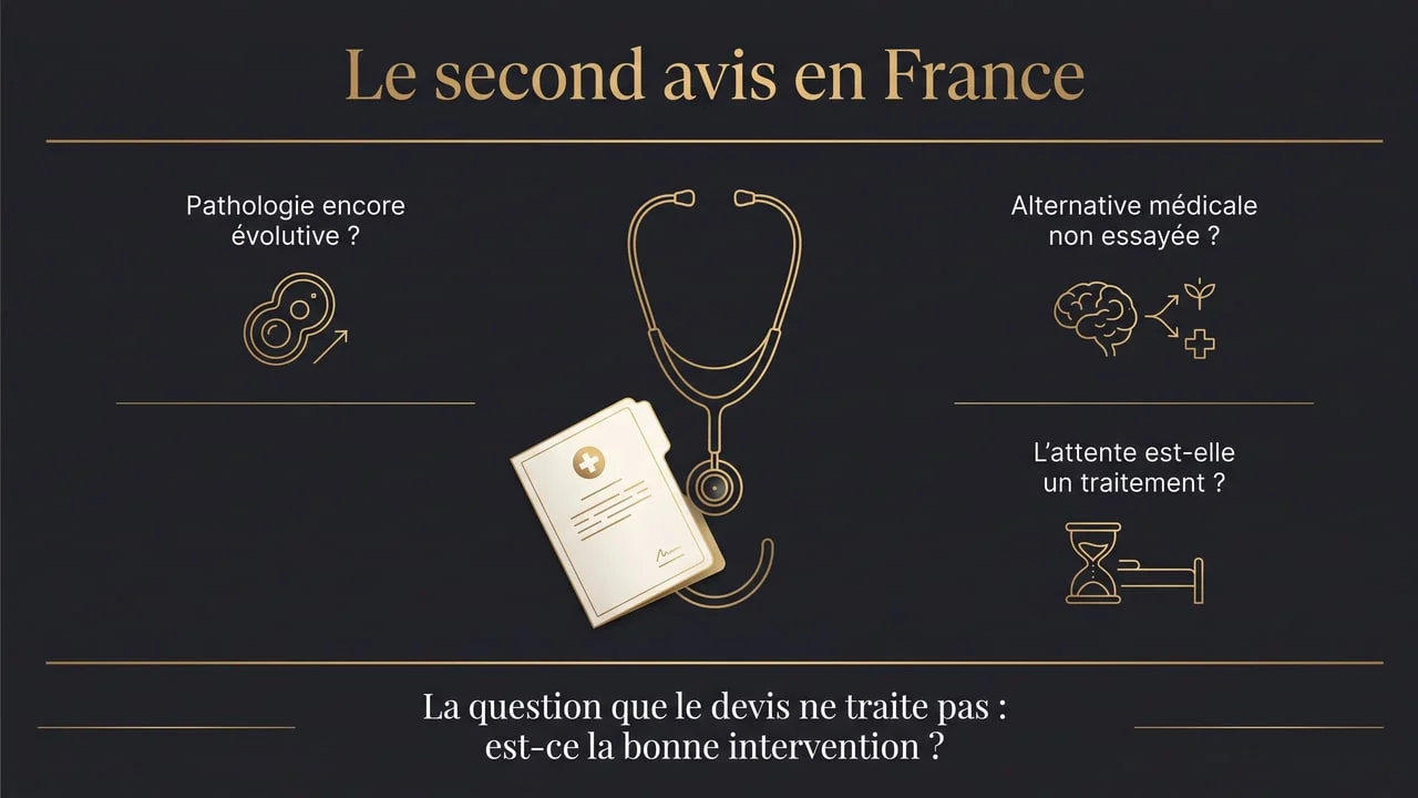 Illustration conceptuelle du second avis médical en France avant une chirurgie à l'étranger, symbolisé par un stéthoscope formant un point d'interrogation au-dessus d'un dossier médical