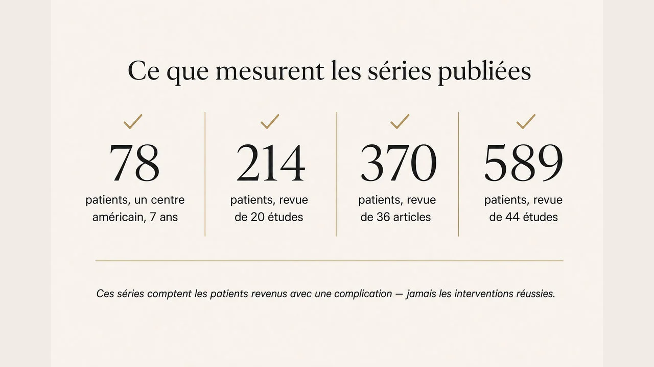 Infographie récapitulant la taille des séries publiées de complications survenues après une chirurgie à l'étranger, de 78 à 589 patients, et rappelant que ces séries ne comptent que les patients revenus avec une complication